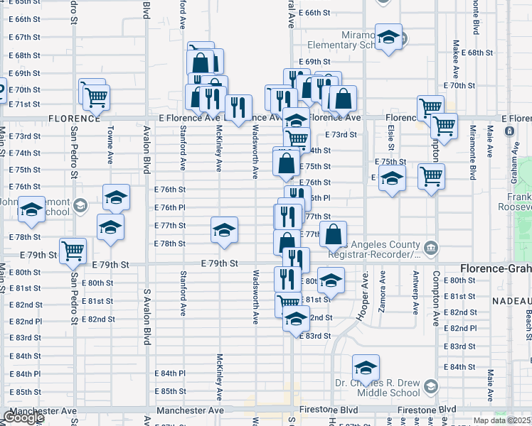 map of restaurants, bars, coffee shops, grocery stores, and more near 903 East 76th Place in Los Angeles