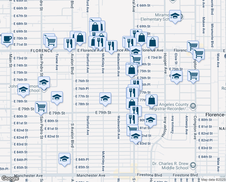 map of restaurants, bars, coffee shops, grocery stores, and more near 823 East 76th Place in Los Angeles