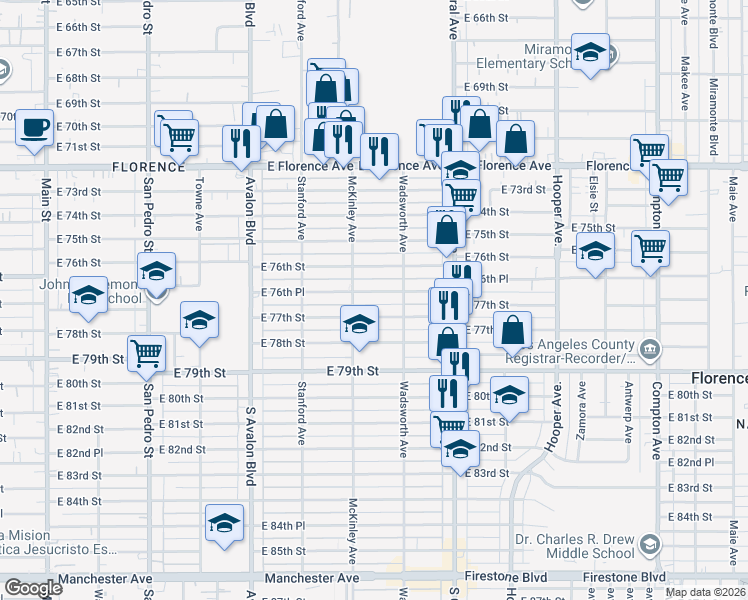map of restaurants, bars, coffee shops, grocery stores, and more near 823 East 76th Place in Los Angeles