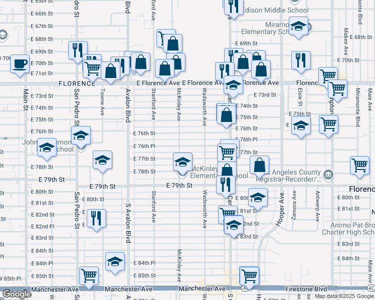 map of restaurants, bars, coffee shops, grocery stores, and more near 823 East 76th Place in Los Angeles