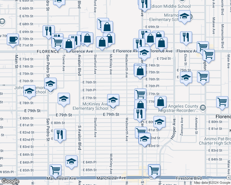 map of restaurants, bars, coffee shops, grocery stores, and more near 823 East 76th Place in Los Angeles