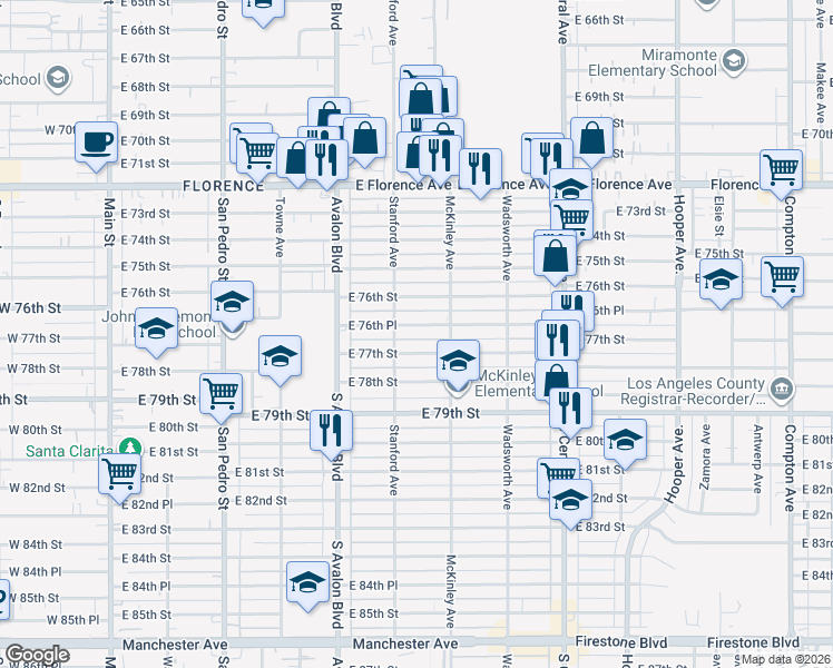 map of restaurants, bars, coffee shops, grocery stores, and more near 743 East 76th Place in Los Angeles