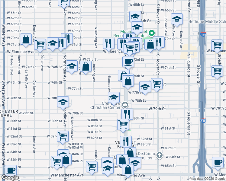 map of restaurants, bars, coffee shops, grocery stores, and more near 1031 West 77th Street in Los Angeles