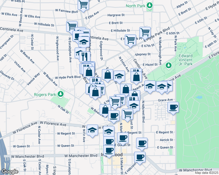map of restaurants, bars, coffee shops, grocery stores, and more near 230 East Hazel Street in Inglewood