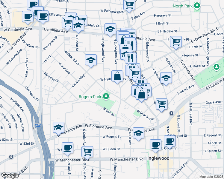 map of restaurants, bars, coffee shops, grocery stores, and more near in Inglewood
