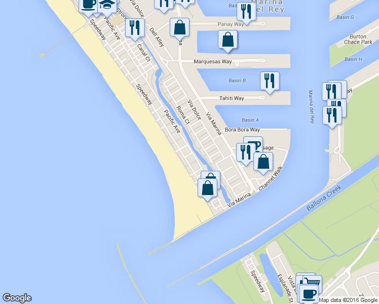 map of restaurants, bars, coffee shops, grocery stores, and more near 45 Reef Street in Marina del Rey