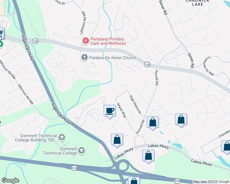 map of restaurants, bars, coffee shops, grocery stores, and more near 1577 High Sierra Drive in Lawrenceville
