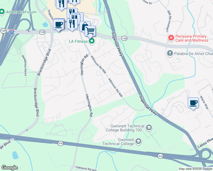 map of restaurants, bars, coffee shops, grocery stores, and more near 2034 Nelms Pointe Landing in Lawrenceville
