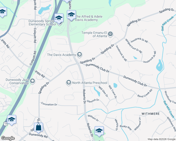 map of restaurants, bars, coffee shops, grocery stores, and more near 5715 Roberts Drive in Dunwoody