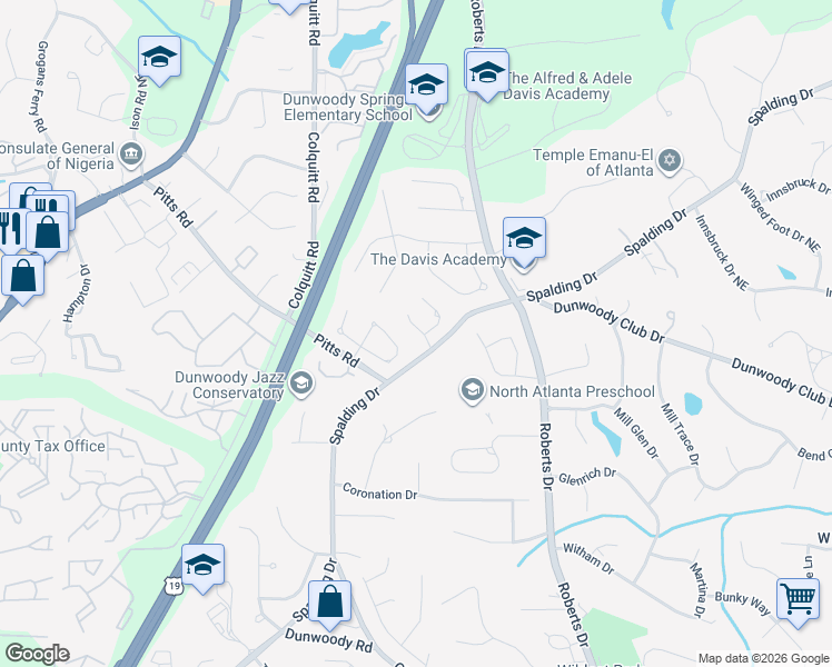 map of restaurants, bars, coffee shops, grocery stores, and more near 130 Spalding Springs Court in Sandy Springs