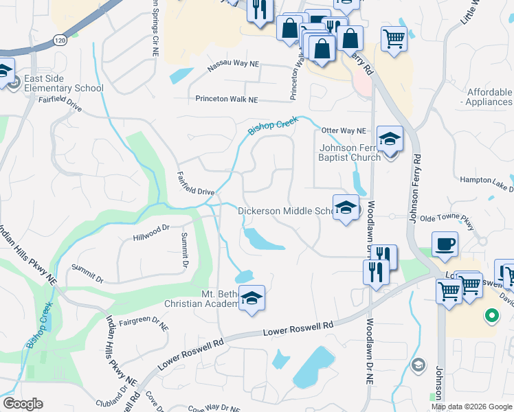 map of restaurants, bars, coffee shops, grocery stores, and more near 890 Banford Court Northeast in Marietta