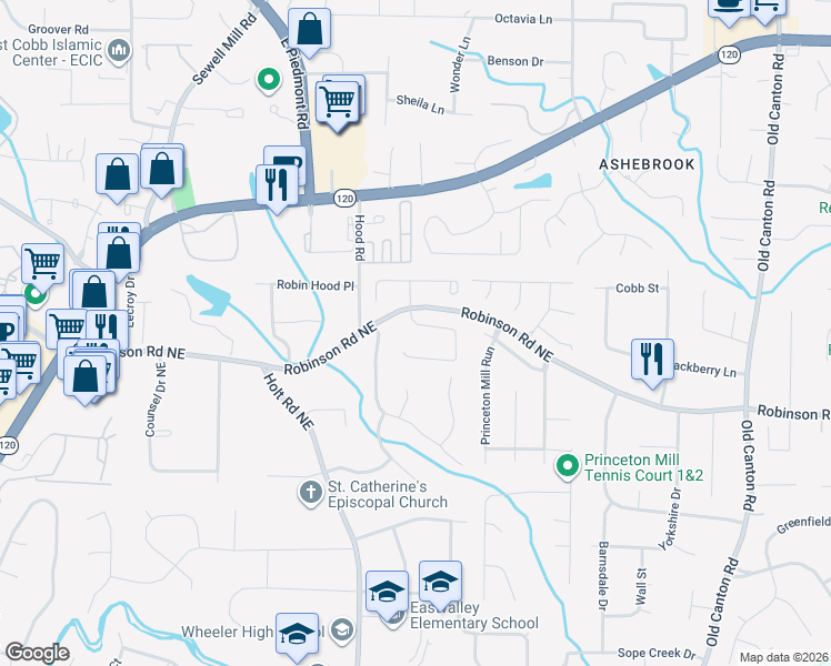 map of restaurants, bars, coffee shops, grocery stores, and more near 2684 Weddington Place Northeast in Marietta