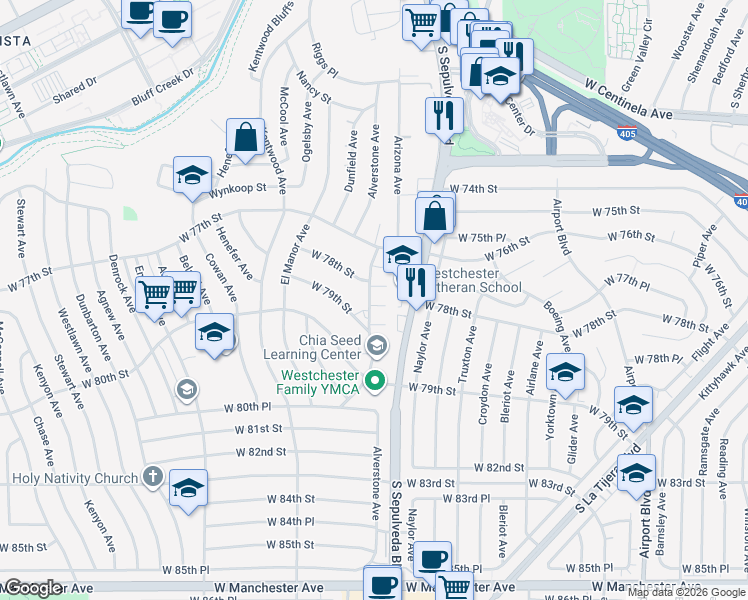 map of restaurants, bars, coffee shops, grocery stores, and more near 6321 West 78th Place in Los Angeles
