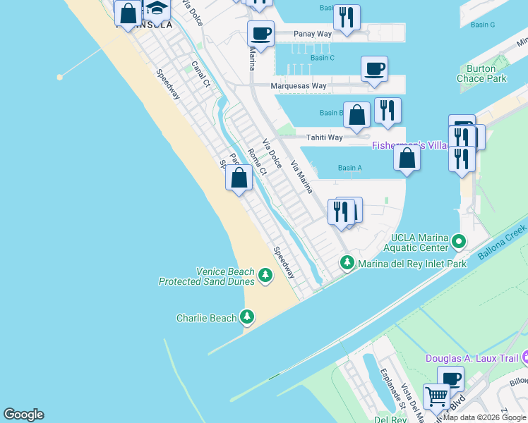 map of restaurants, bars, coffee shops, grocery stores, and more near 33 Reef Street in Marina del Rey