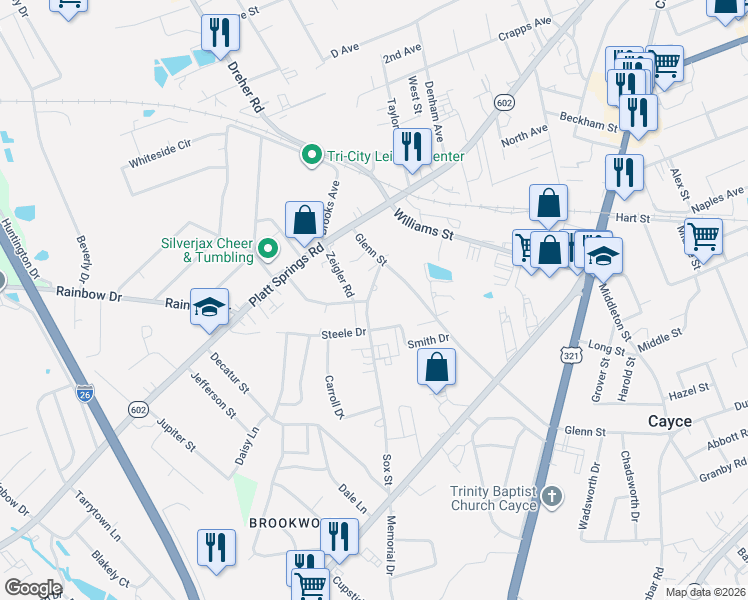 map of restaurants, bars, coffee shops, grocery stores, and more near 846 Sox Street in West Columbia