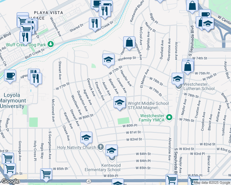 map of restaurants, bars, coffee shops, grocery stores, and more near 7900 Beland Avenue in Los Angeles