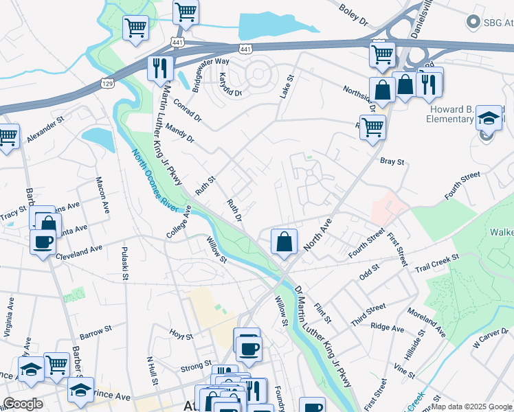 map of restaurants, bars, coffee shops, grocery stores, and more near 118 Ruth Drive in Athens