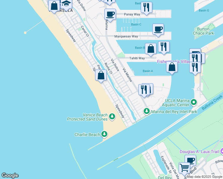 map of restaurants, bars, coffee shops, grocery stores, and more near 45 Reef Street in Marina del Rey