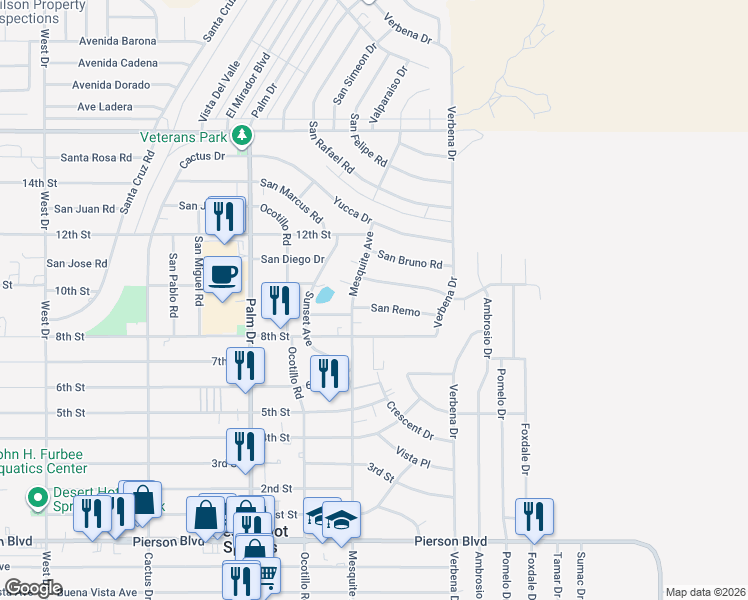 map of restaurants, bars, coffee shops, grocery stores, and more near 66790 San Remo in Desert Hot Springs