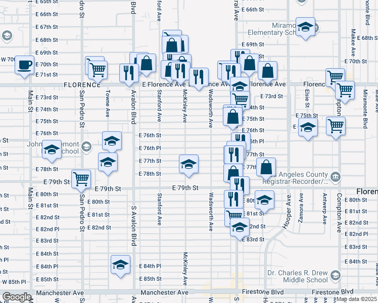 map of restaurants, bars, coffee shops, grocery stores, and more near 823 East 76th Place in Los Angeles