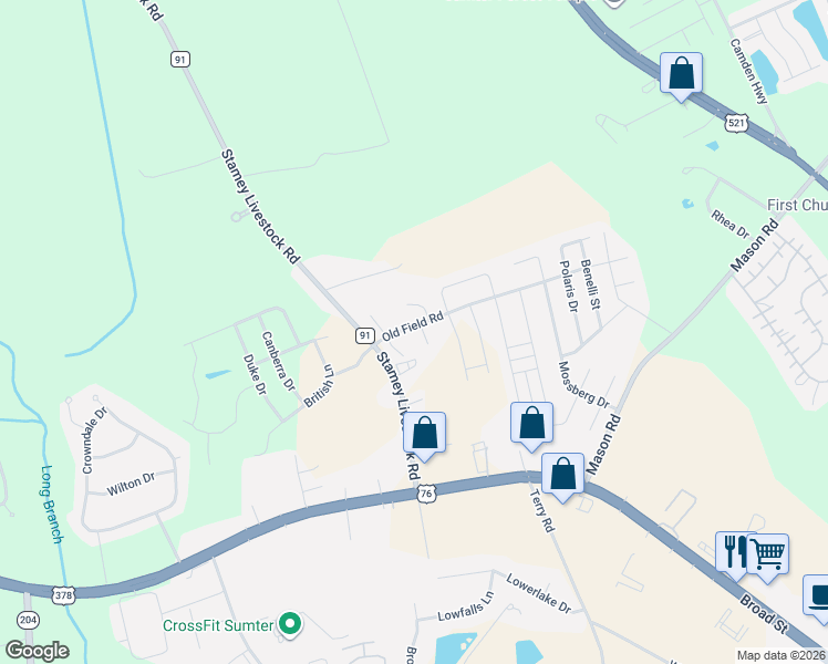 map of restaurants, bars, coffee shops, grocery stores, and more near 2849 Old Field Road in Sumter