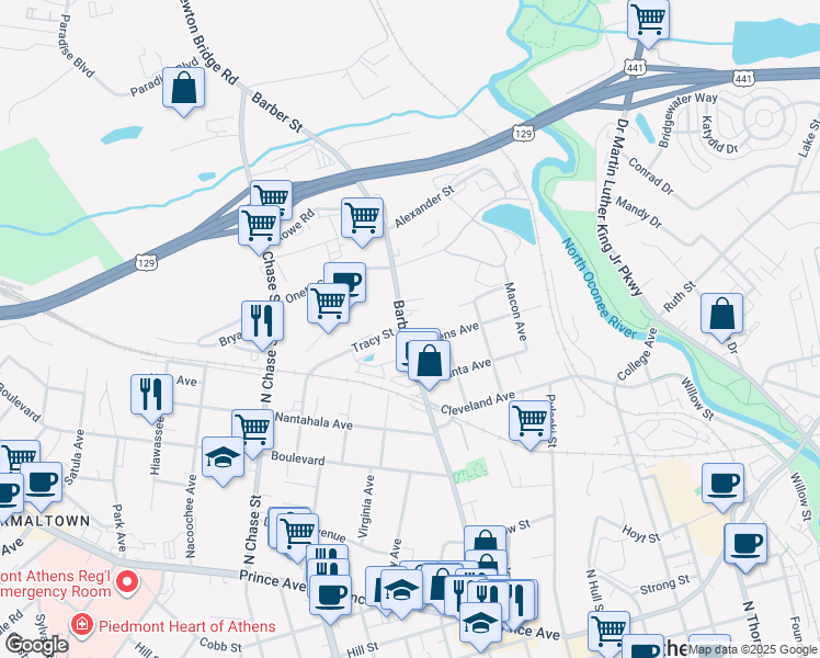 map of restaurants, bars, coffee shops, grocery stores, and more near 734 Barber Street in Athens