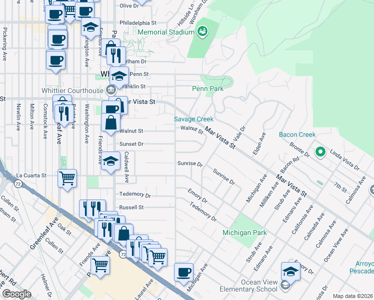 map of restaurants, bars, coffee shops, grocery stores, and more near 13827 Freiburg Street in Whittier
