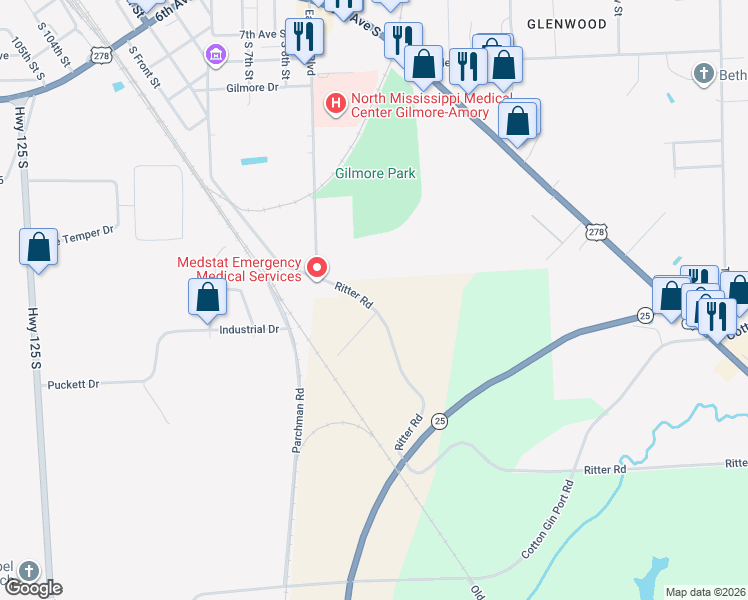 map of restaurants, bars, coffee shops, grocery stores, and more near 60013 Southgate Drive in Amory
