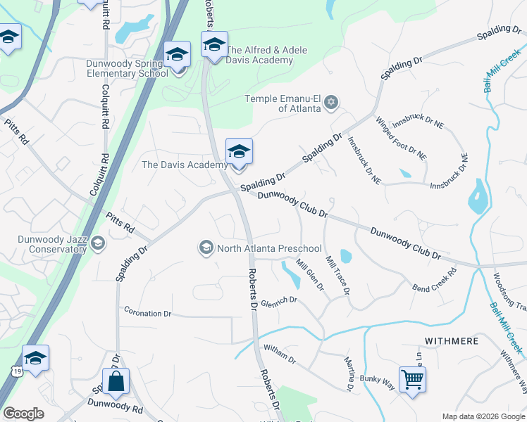map of restaurants, bars, coffee shops, grocery stores, and more near 5715 Roberts Drive in Dunwoody