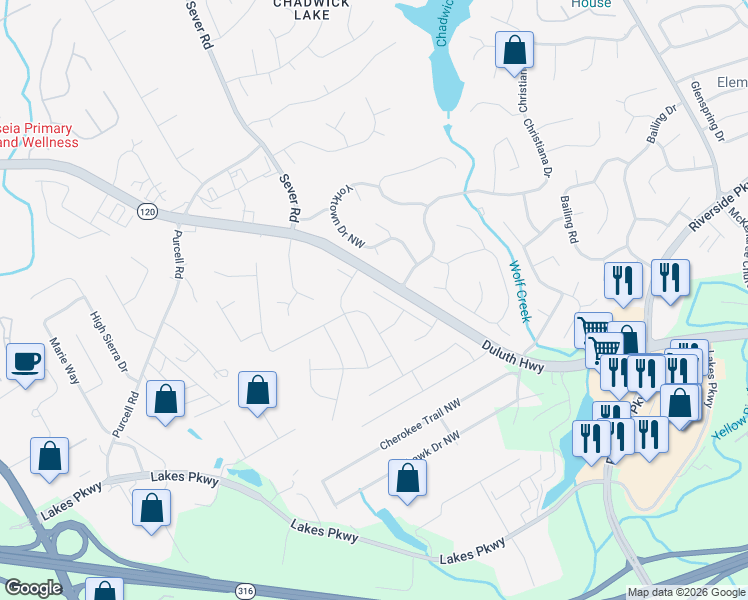 map of restaurants, bars, coffee shops, grocery stores, and more near 1315 Shelton Way in Lawrenceville