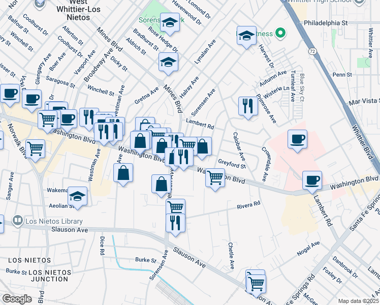 map of restaurants, bars, coffee shops, grocery stores, and more near 11838 Greyford Street in Whittier
