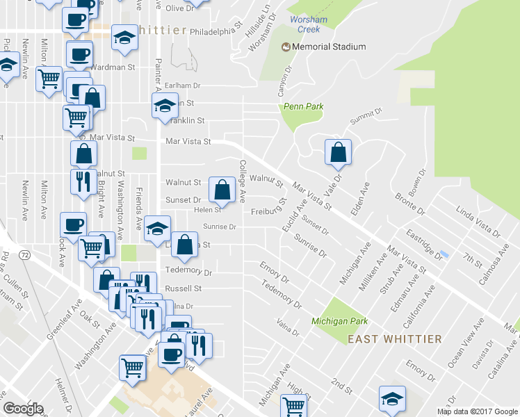 map of restaurants, bars, coffee shops, grocery stores, and more near 13827 Freiburg Street in Whittier