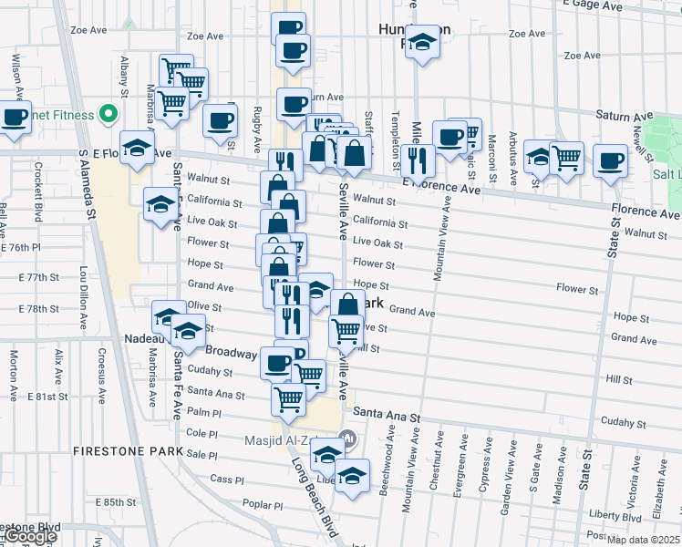map of restaurants, bars, coffee shops, grocery stores, and more near 7601 Seville Avenue in Huntington Park