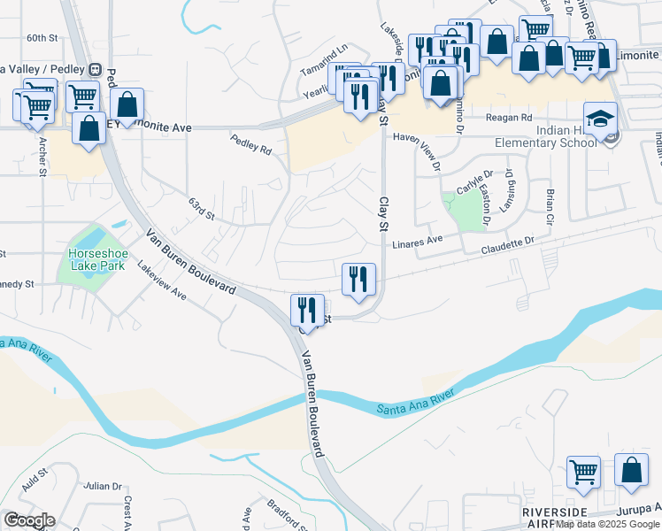 map of restaurants, bars, coffee shops, grocery stores, and more near 8346 Woodrose Street in Jurupa Valley