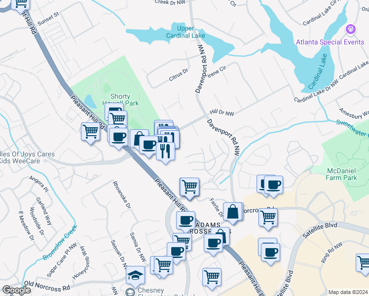 map of restaurants, bars, coffee shops, grocery stores, and more near 2559 Tina Court Northwest in Duluth
