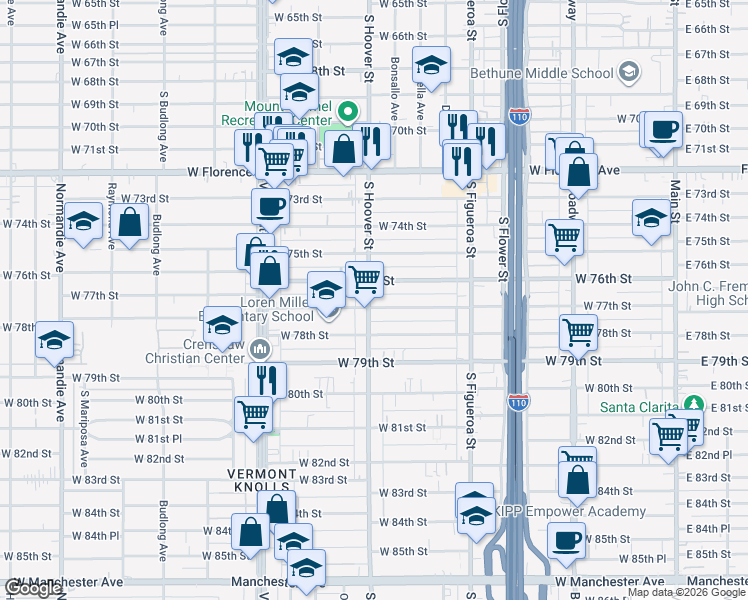 map of restaurants, bars, coffee shops, grocery stores, and more near 743 West 77th Street in Los Angeles