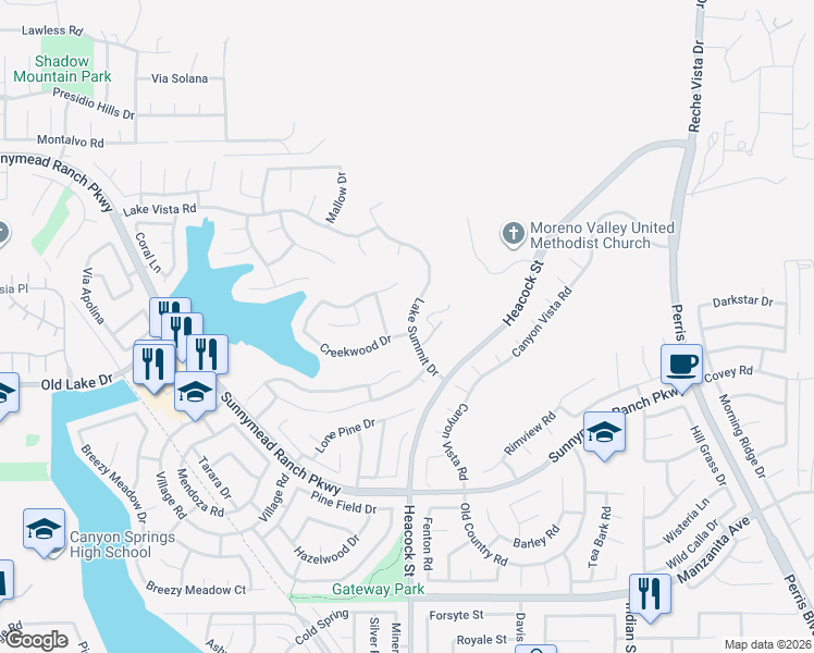 map of restaurants, bars, coffee shops, grocery stores, and more near 10345 Lake Summit Drive in Moreno Valley