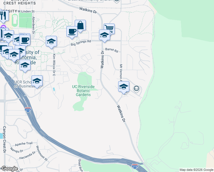 map of restaurants, bars, coffee shops, grocery stores, and more near 4280 Watkins Drive in Riverside