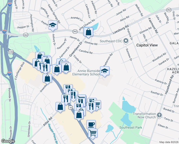 map of restaurants, bars, coffee shops, grocery stores, and more near 1458 Trinity Drive in Columbia