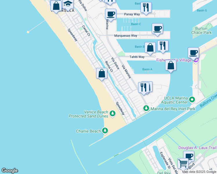 map of restaurants, bars, coffee shops, grocery stores, and more near 16 Quarterdeck Street in Los Angeles