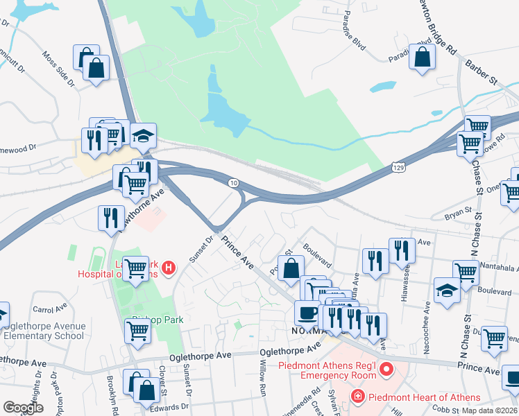 map of restaurants, bars, coffee shops, grocery stores, and more near 75 Jefferson Circle in Athens