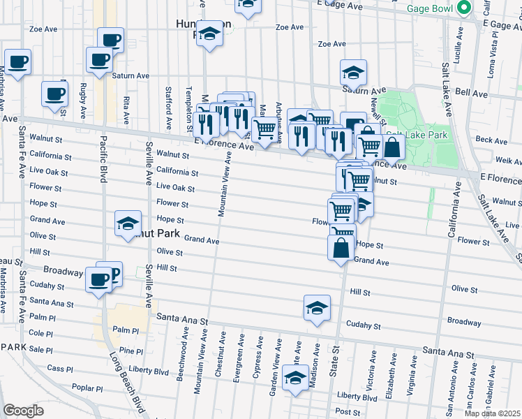 map of restaurants, bars, coffee shops, grocery stores, and more near 3007 Flower Street in Huntington Park