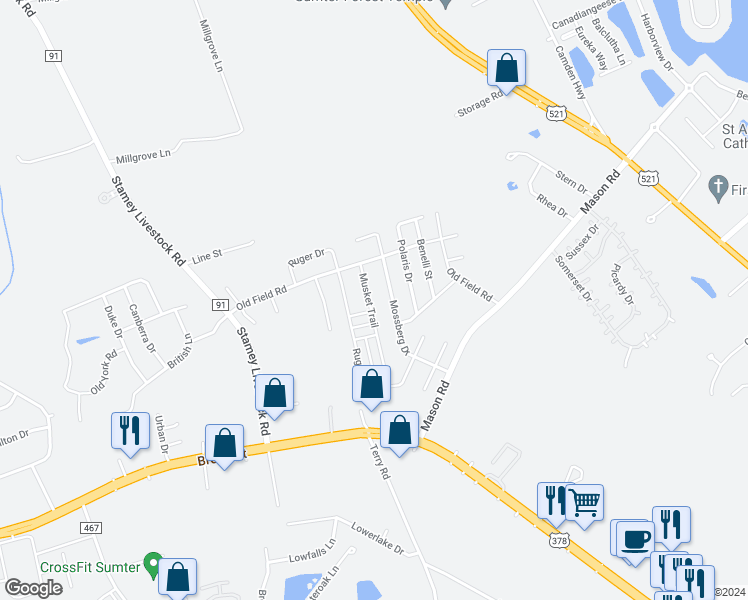 map of restaurants, bars, coffee shops, grocery stores, and more near 1733 Musket Trail in Sumter