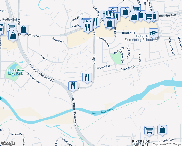 map of restaurants, bars, coffee shops, grocery stores, and more near 8492 Peachwillow Court in Jurupa Valley