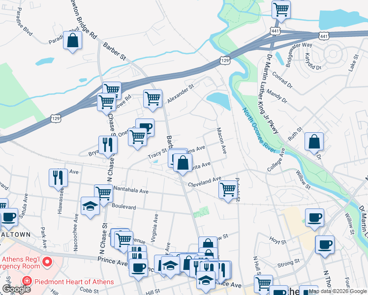 map of restaurants, bars, coffee shops, grocery stores, and more near 764 Barber Street in Athens