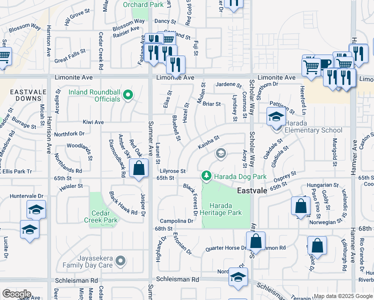 map of restaurants, bars, coffee shops, grocery stores, and more near 6500 Peach Blossom Street in Corona