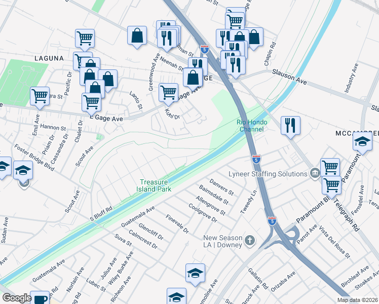 map of restaurants, bars, coffee shops, grocery stores, and more near 6429 Dos Rios Road in Downey