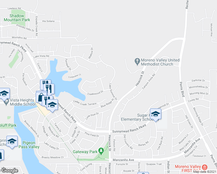 map of restaurants, bars, coffee shops, grocery stores, and more near 10345 Lake Summit Drive in Moreno Valley