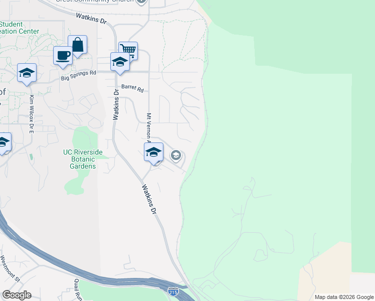 map of restaurants, bars, coffee shops, grocery stores, and more near 4285 Quail Road in Riverside