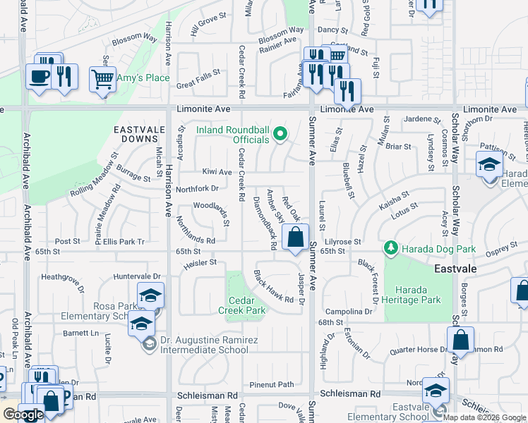 map of restaurants, bars, coffee shops, grocery stores, and more near 6454 Diamondback Road in Corona